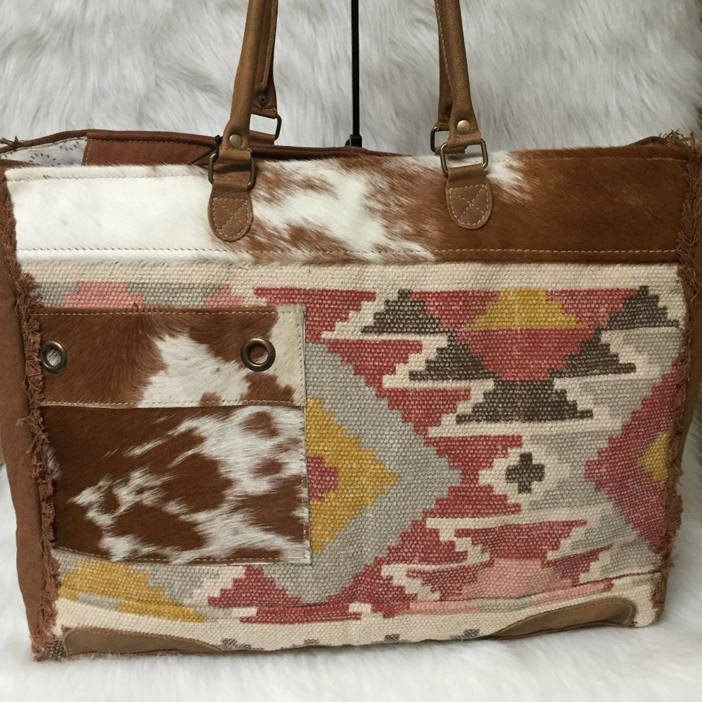 Myra Bag Aztec Hair On Cow Hide Leather Weekender